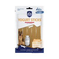Dog Dish Himalayan Dog Chew soft yogurt sticks in pumpkin flavor, a grain-free, probiotic-rich treat for all dog sizes.