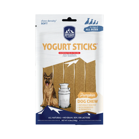 Dog Dish Himalayan Dog Chew soft yogurt sticks in pumpkin flavor, a grain-free, probiotic-rich treat for all dog sizes.