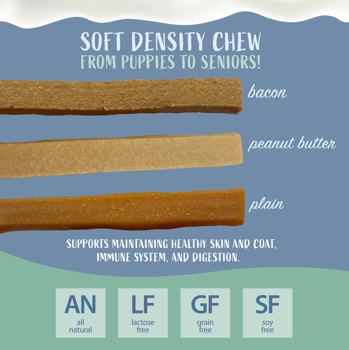 Dog Dish Himalayan yogurt sticks in bacon, peanut butter, and plain flavors, featuring soft, grain-free dog chews.