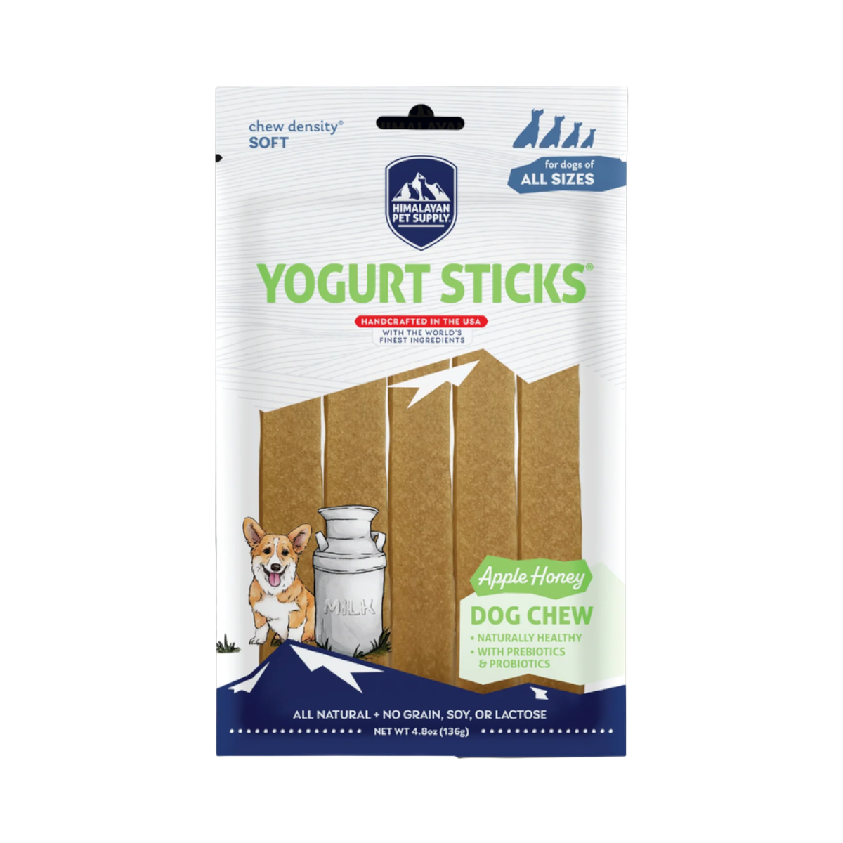 Dog Dish Himalayan Pet Supply soft yogurt sticks in apple honey flavor for dogs of all sizes in a 4.8oz pouch