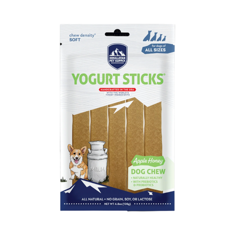 Dog Dish Himalayan Pet Supply soft yogurt sticks in apple honey flavor for dogs of all sizes in a 4.8oz pouch