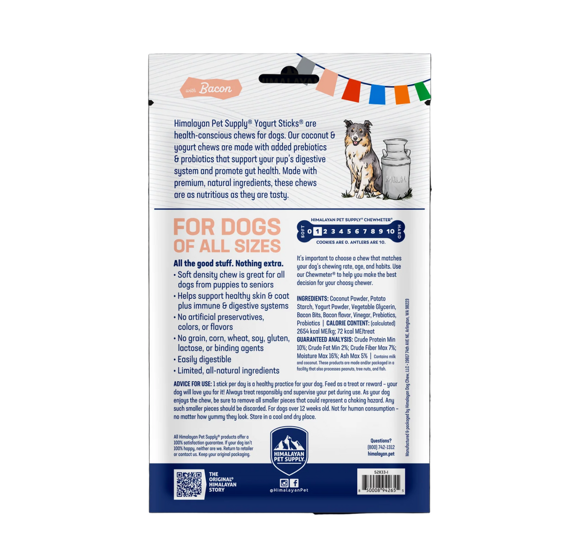 Dog Dish Himalayan Yogurt Sticks bacon flavor dog treat packaging back view with ingredient and nutrition details