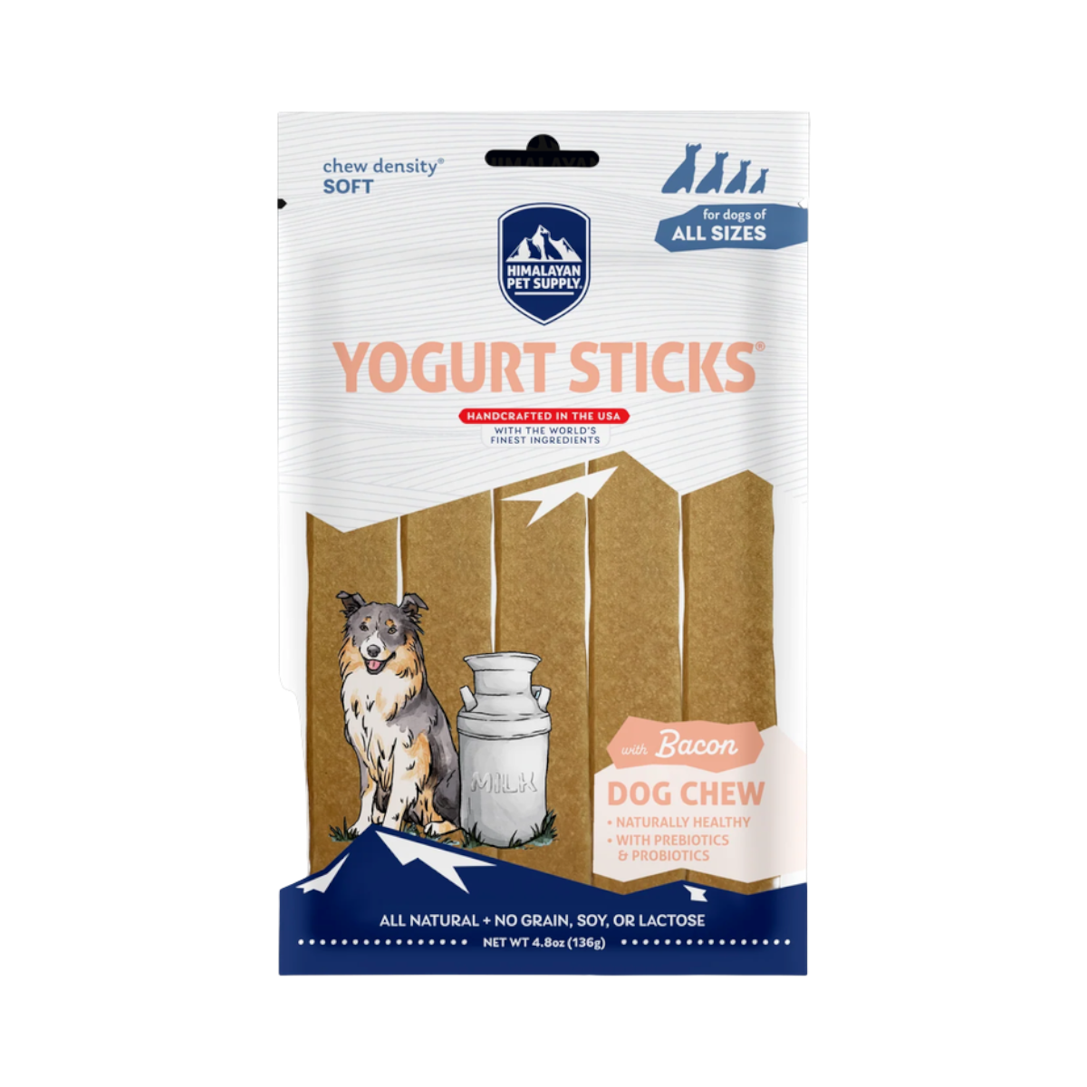 Dog Dish Himalayan Yogurt Sticks bacon flavor soft dog treats in a 4.8oz pouch for all life stages and breed sizes