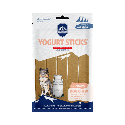 Dog Dish Himalayan Yogurt Sticks bacon flavor soft dog treats in a 4.8oz pouch for all life stages and breed sizes