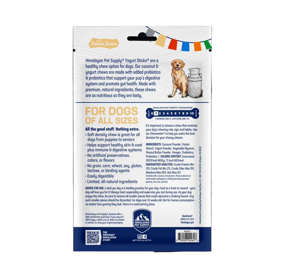 Dog Dish Himalayan Pet Supply Yogurt Sticks peanut butter dog treat packaging back view with ingredients and benefits