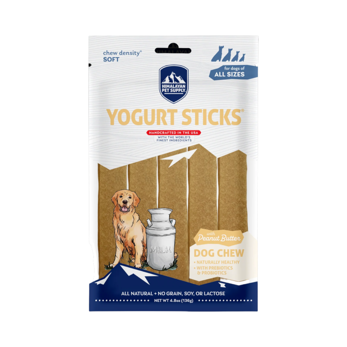 Dog Dish Himalayan Yogurt Sticks in peanut butter flavor, a soft, grain-free probiotic dog treat in 4.8oz packaging.