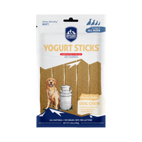 Dog Dish Himalayan Yogurt Sticks in peanut butter flavor, a soft, grain-free probiotic dog treat in 4.8oz packaging.
