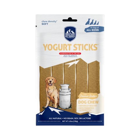 Dog Dish Himalayan Yogurt Sticks in peanut butter flavor, a soft, grain-free probiotic dog treat in 4.8oz packaging.