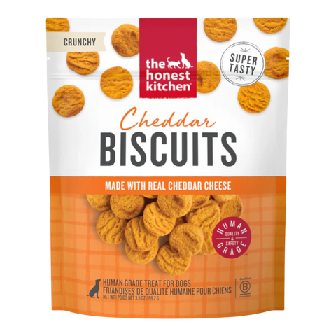Dog Dish The Honest Kitchen cheddar biscuits for dogs in a 3.5 oz bag featuring crunchy real cheese treats