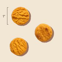 Dog Dish Honest Kitchen cheddar biscuits for dogs, round golden-brown cheese treats with a one-inch size reference.