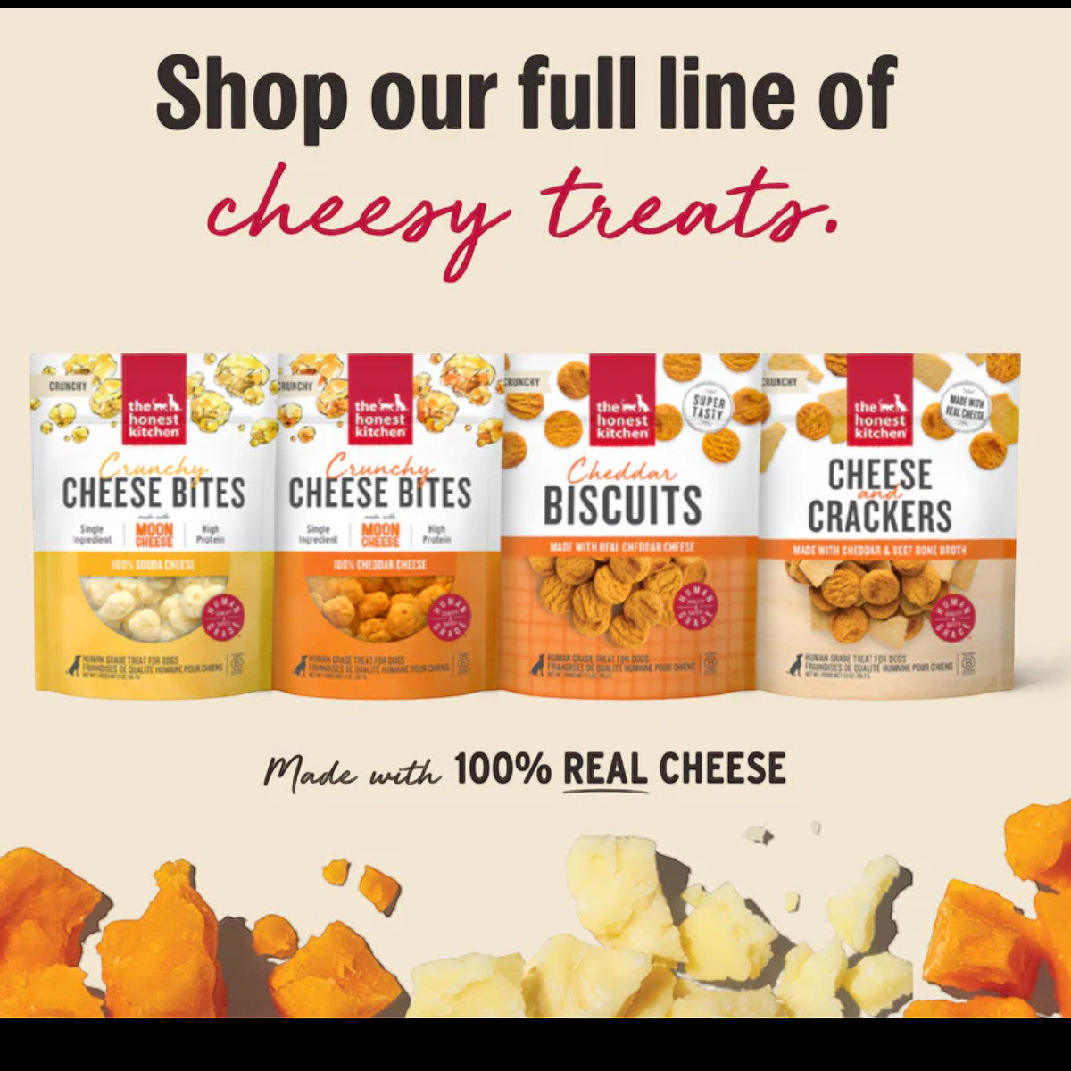 Dog Dish selection of The Honest Kitchen cheddar cheese dog treats including crunchy bites, biscuits, and crackers.