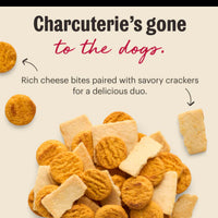Dog Dish Honest Kitchen Cheese & Crackers biscuits featuring round cheddar cheese bites and savory square crackers.