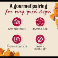Dog Dish Honest Kitchen Cheese and Crackers dog treats infographic highlighting human-grade ingredients and quality.