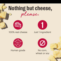 Dog Dish Honest Kitchen Gouda Cheese Bites infographic highlighting 100% real cheese and human grade ingredients.