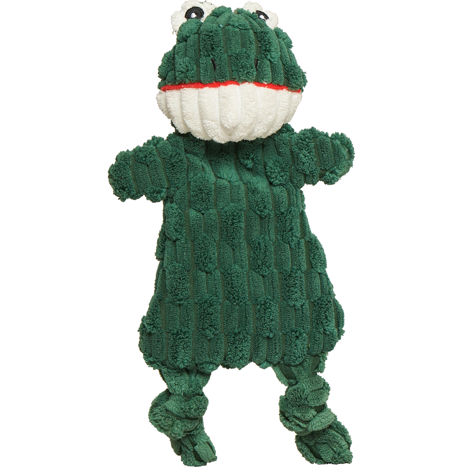 Dog Dish HuggleFlatties Hopper Frog unstuffed cord plush dog toy with crinkle and squeaker features.