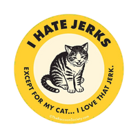 Dog Dish round yellow sticker featuring a tabby cat illustration with the text I Hate Jerks Except For My Cat
