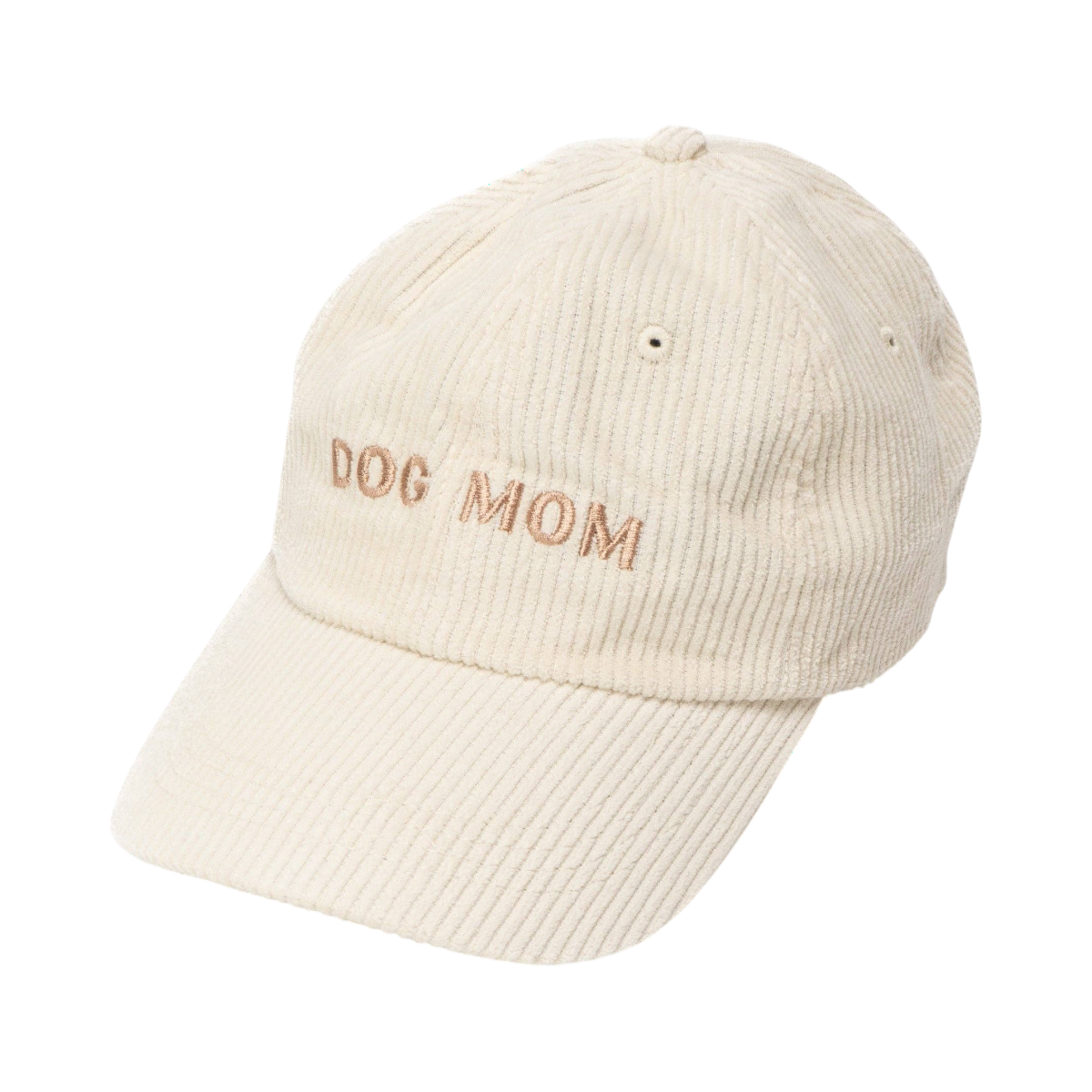 Dog Dish ivory corduroy baseball cap with Dog Mom embroidered on the front, perfect for pet parents.