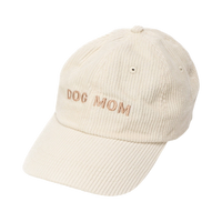 Dog Dish ivory corduroy baseball cap with Dog Mom embroidered on the front, perfect for pet parents.