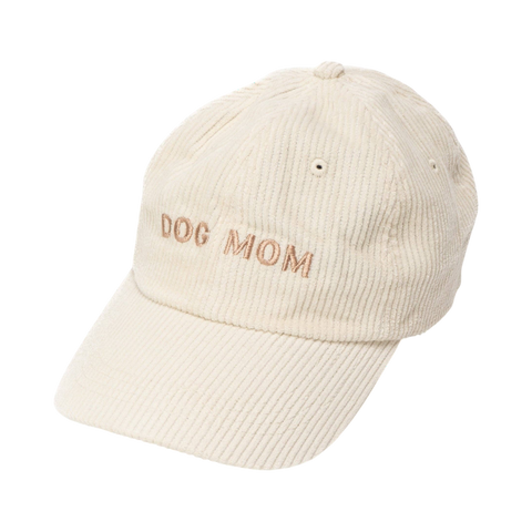 Dog Dish ivory corduroy baseball cap with Dog Mom embroidered on the front, perfect for pet parents.