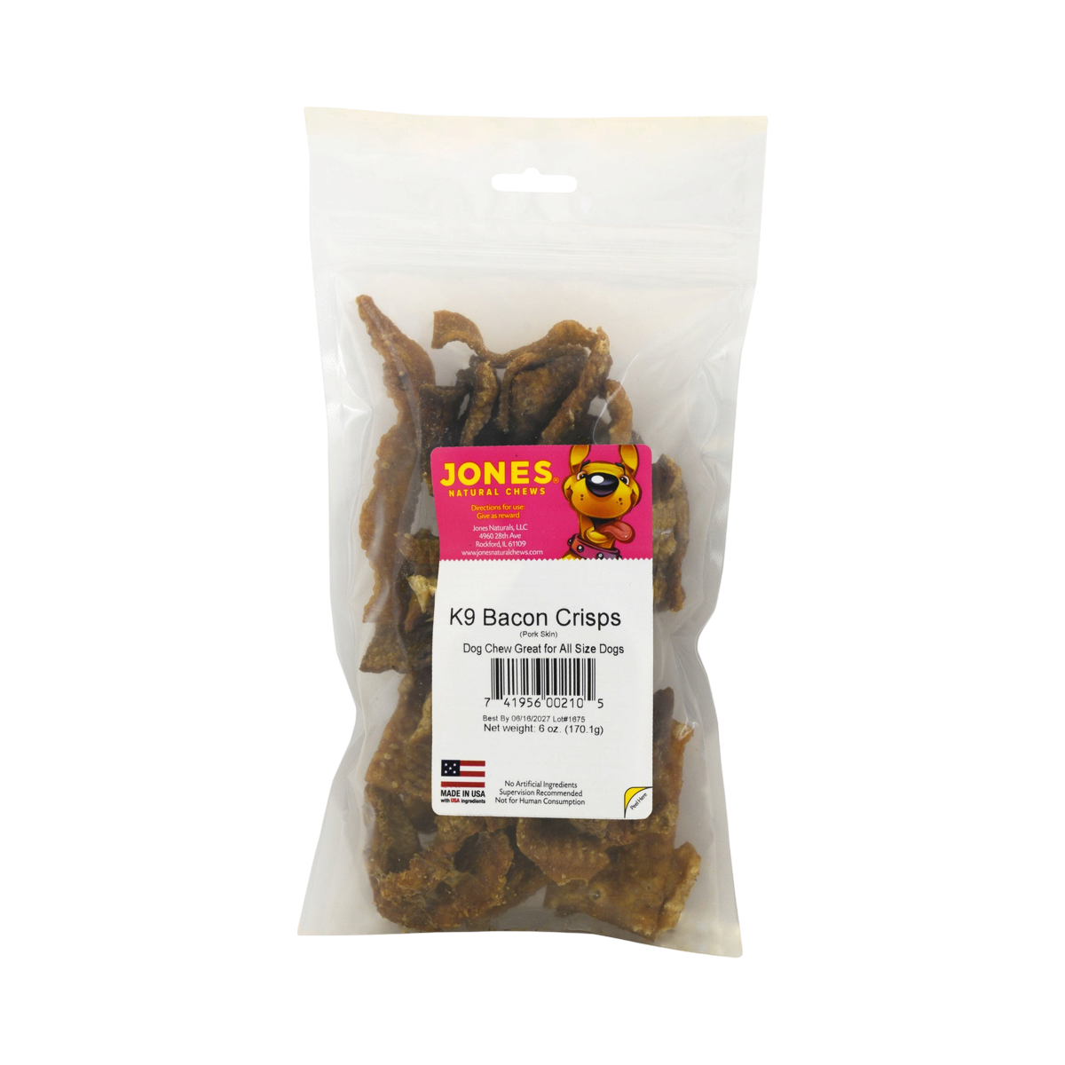 Dog Dish Jones K9 Bacon Crisps single-protein pork skin dog treats in a clear resealable bag