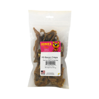 Dog Dish Jones K9 Bacon Crisps single-protein pork skin dog treats in a clear resealable bag