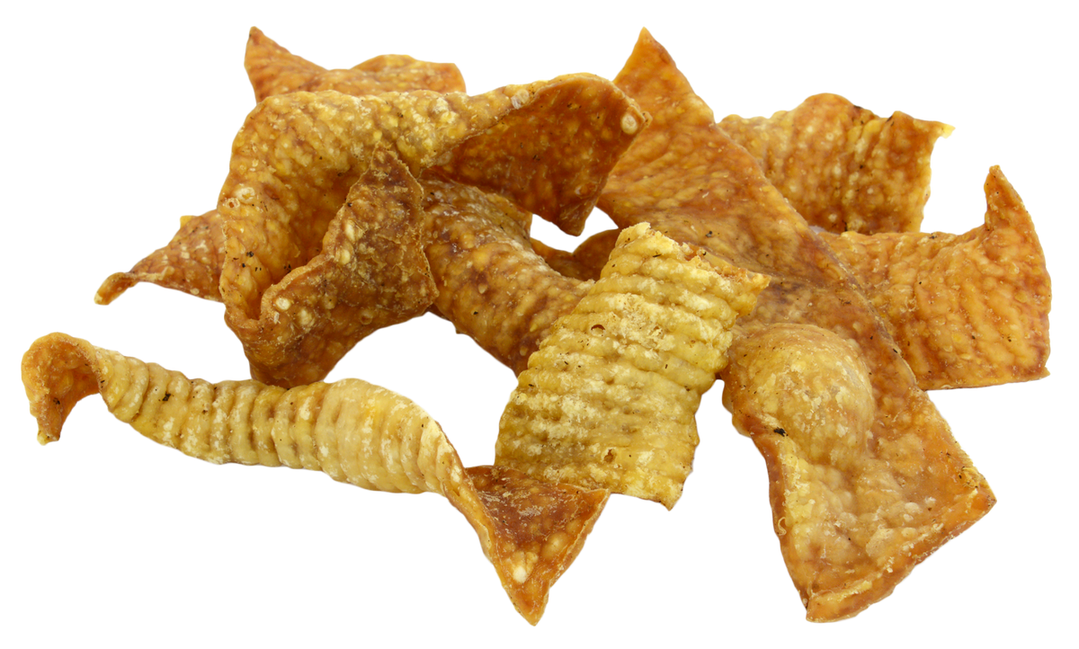 Dog Dish Jones K9 Bacon Crisps, oven-baked single-protein pork skin dog treats with a crunchy texture.