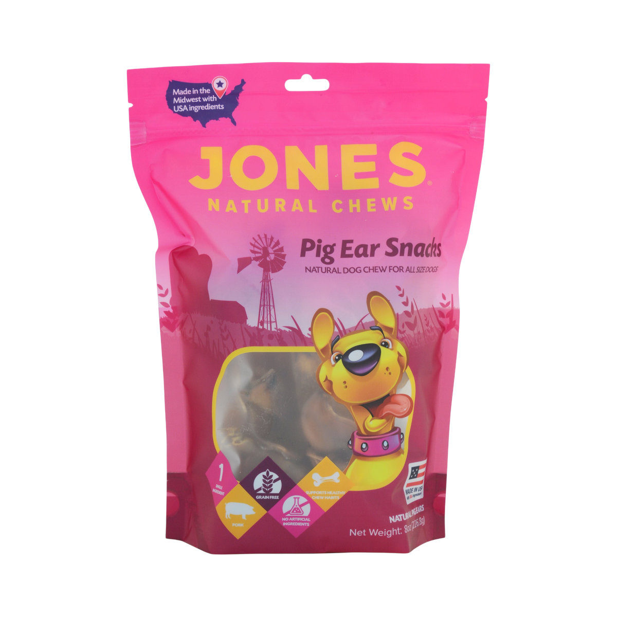 Dog Dish Jones Natural Chews Pig Ear Snacks in a pink resealable bag for dogs of all sizes.
