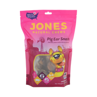 Dog Dish Jones Natural Chews Pig Ear Snacks in a pink resealable bag for dogs of all sizes.