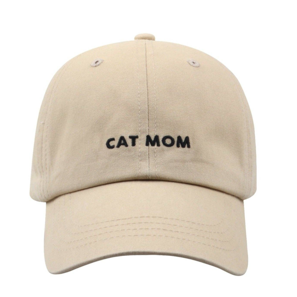 Dog Dish Cat Mom baseball cap in khaki cotton twill with black embroidered lettering and adjustable metal clasp