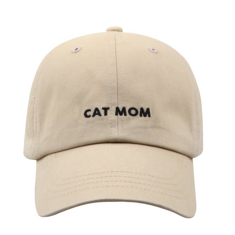 Dog Dish Cat Mom baseball cap in khaki cotton twill with black embroidered lettering and adjustable metal clasp