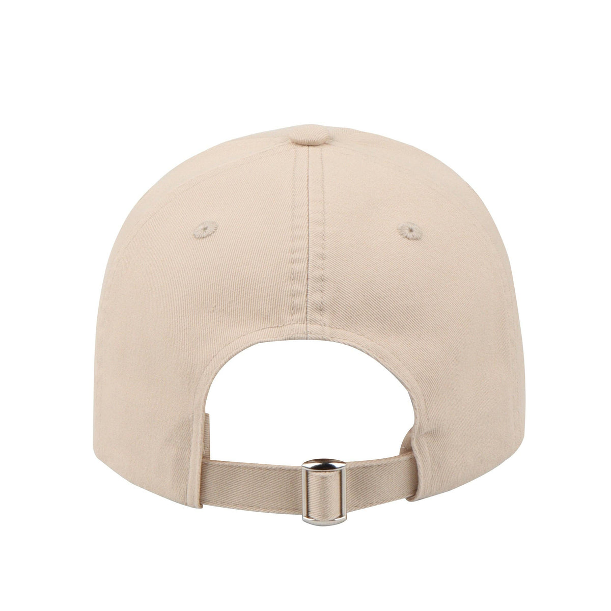 Back view of a khaki Dog Dish cotton twill baseball cap with an adjustable metal strap closure.