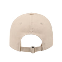 Back view of a khaki Dog Dish cotton twill baseball cap with an adjustable metal strap closure.