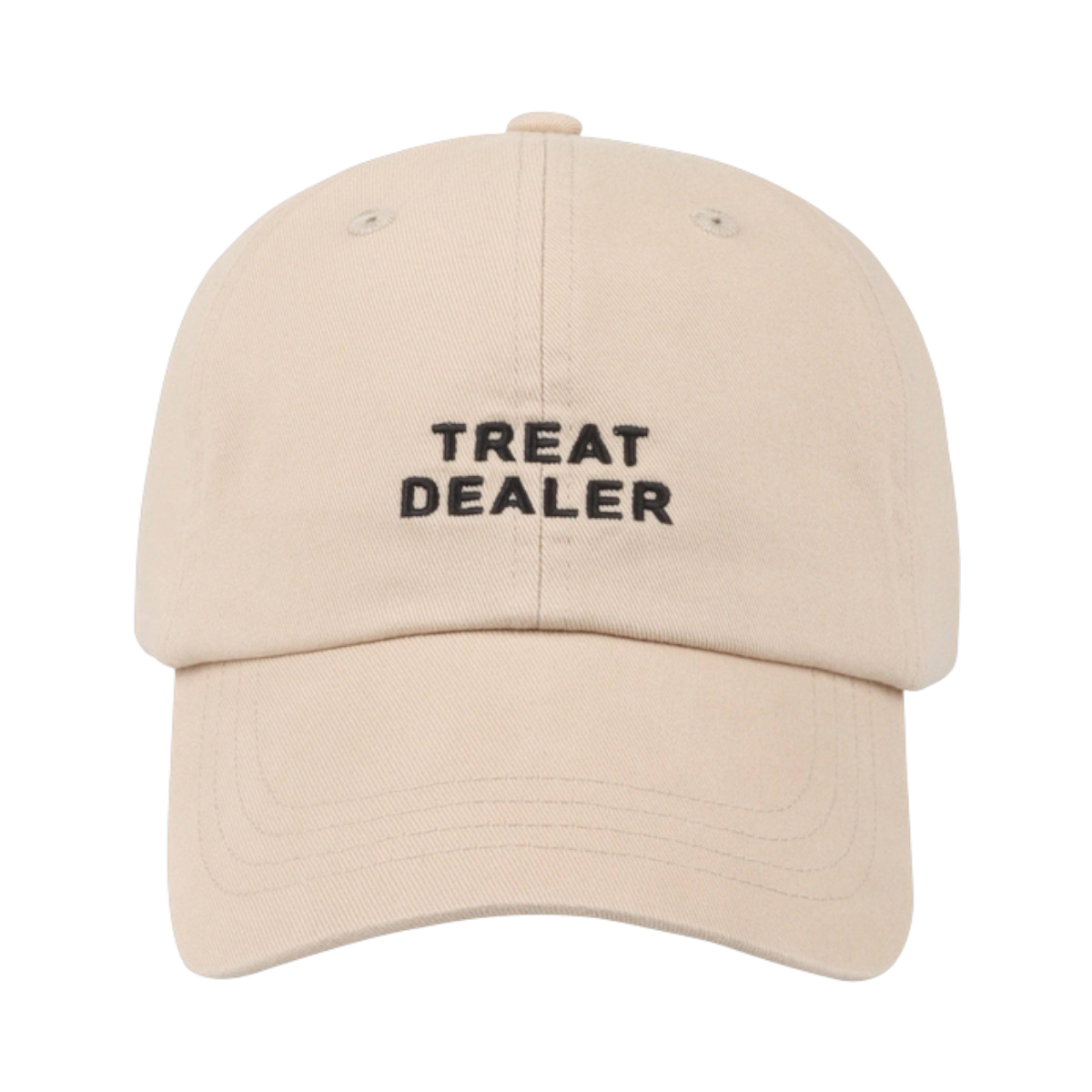 Dog Dish khaki cotton twill baseball cap with Treat Dealer embroidered in black text on the front
