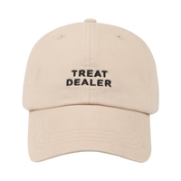 Dog Dish khaki cotton twill baseball cap with Treat Dealer embroidered in black text on the front