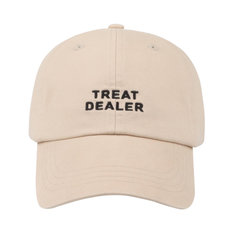 Dog Dish khaki cotton twill baseball cap with Treat Dealer embroidered in black text on the front