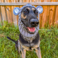 Dog Dish Koala Dog Snood worn by a German Shepherd, featuring grey knit acrylic yarn with cute koala ears.