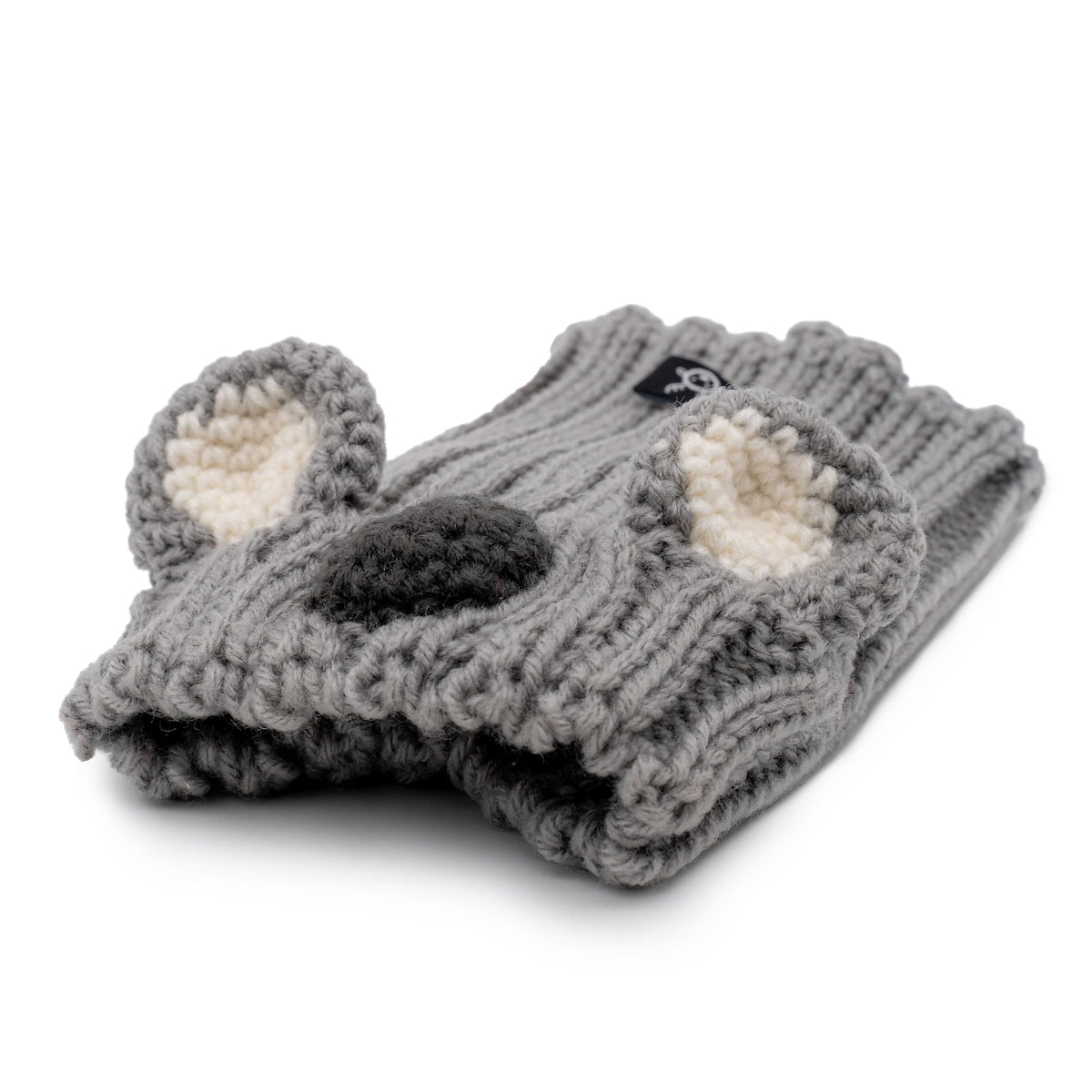 Dog Dish grey knit koala dog snood with cream ear details and a black nose, perfect for cold weather and costumes.