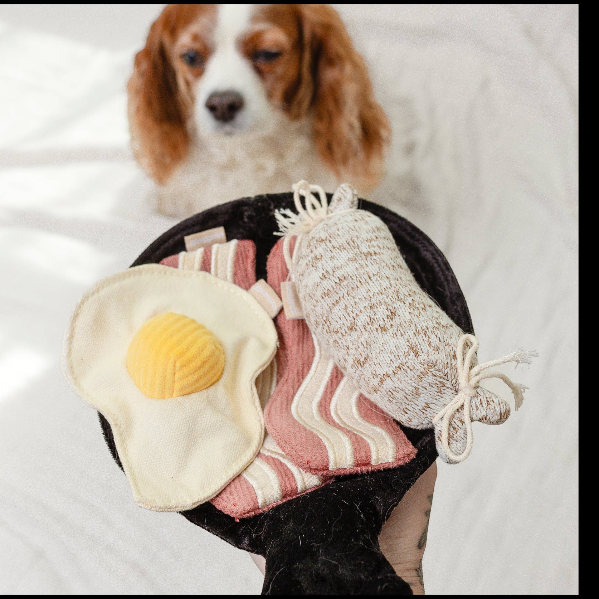 Dog Dish Lambwolf breakfast enrichment toy set with plush egg, bacon, and sausage in a black pan for dogs