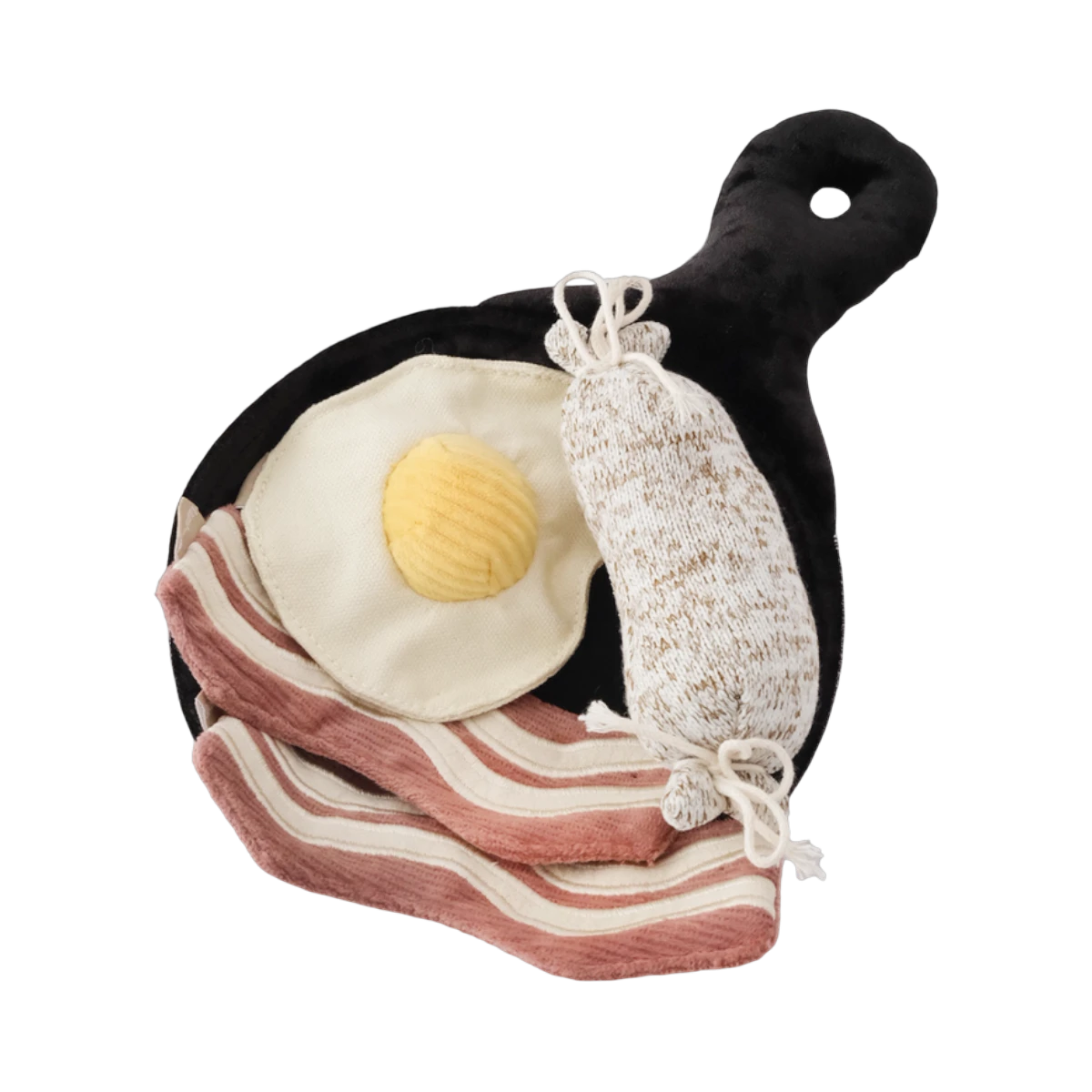 Dog Dish Lambwolf breakfast enrichment snuffle toy set with plush egg, bacon, and sausage in a frying pan base.