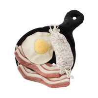 Dog Dish Lambwolf breakfast enrichment snuffle toy set with plush egg, bacon, and sausage in a frying pan base.