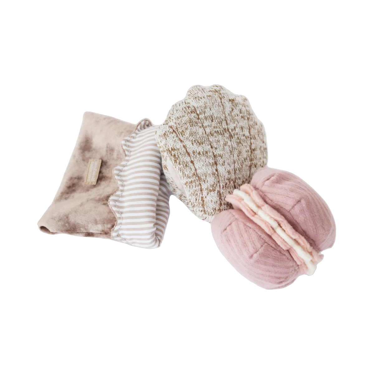 Dog Dish Lambwolf Cookie enrichment set featuring a plush madeleine and pink macaroon puzzle toy for small dogs.