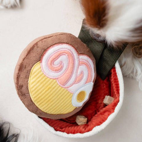 Dog Dish Lambwolf ramen enrichment toy with squeaky noodle base and crinkly seaweed for dog treat foraging play