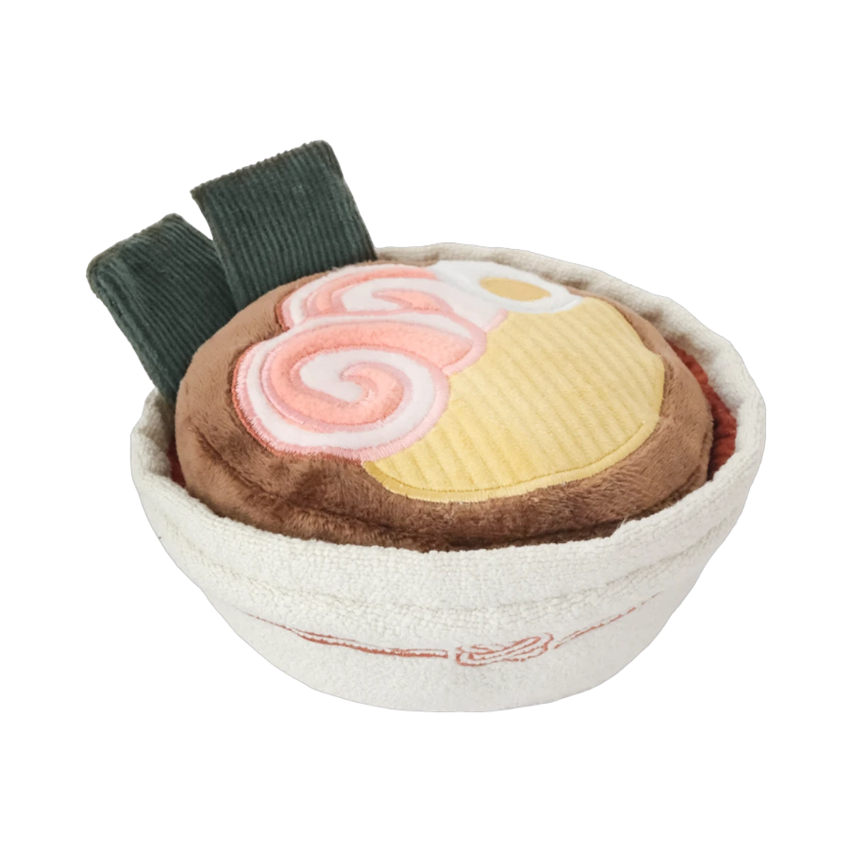 Dog Dish Lambwolf Ramen enrichment toy featuring a plush noodle bowl with crinkly seaweed and treat-hiding slots.
