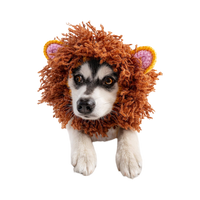 Dog Dish Lion Dog Snood featuring a hand-crocheted brown mane and pink-lined ears on a husky puppy