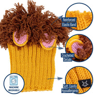 Dog Dish Lion Dog Snood featuring a yellow knit neck warmer with a brown faux fur mane and pink crocheted ears.