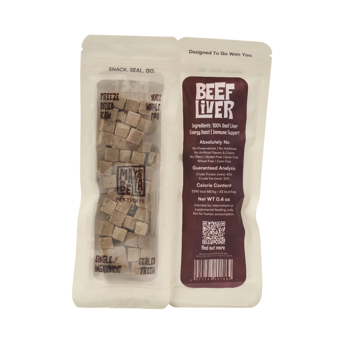 Dog Dish Max & Bella freeze-dried beef liver dog treats in a resealable, single-ingredient pouch.