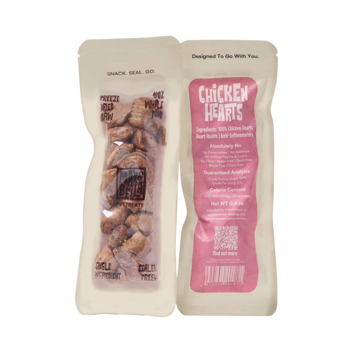 Dog Dish Max & Bella freeze-dried chicken heart pet treats in a resealable, clear-windowed, light pink pouch.