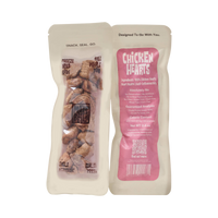 Dog Dish Max & Bella freeze-dried chicken heart pet treats in a resealable, clear-windowed, light pink pouch.