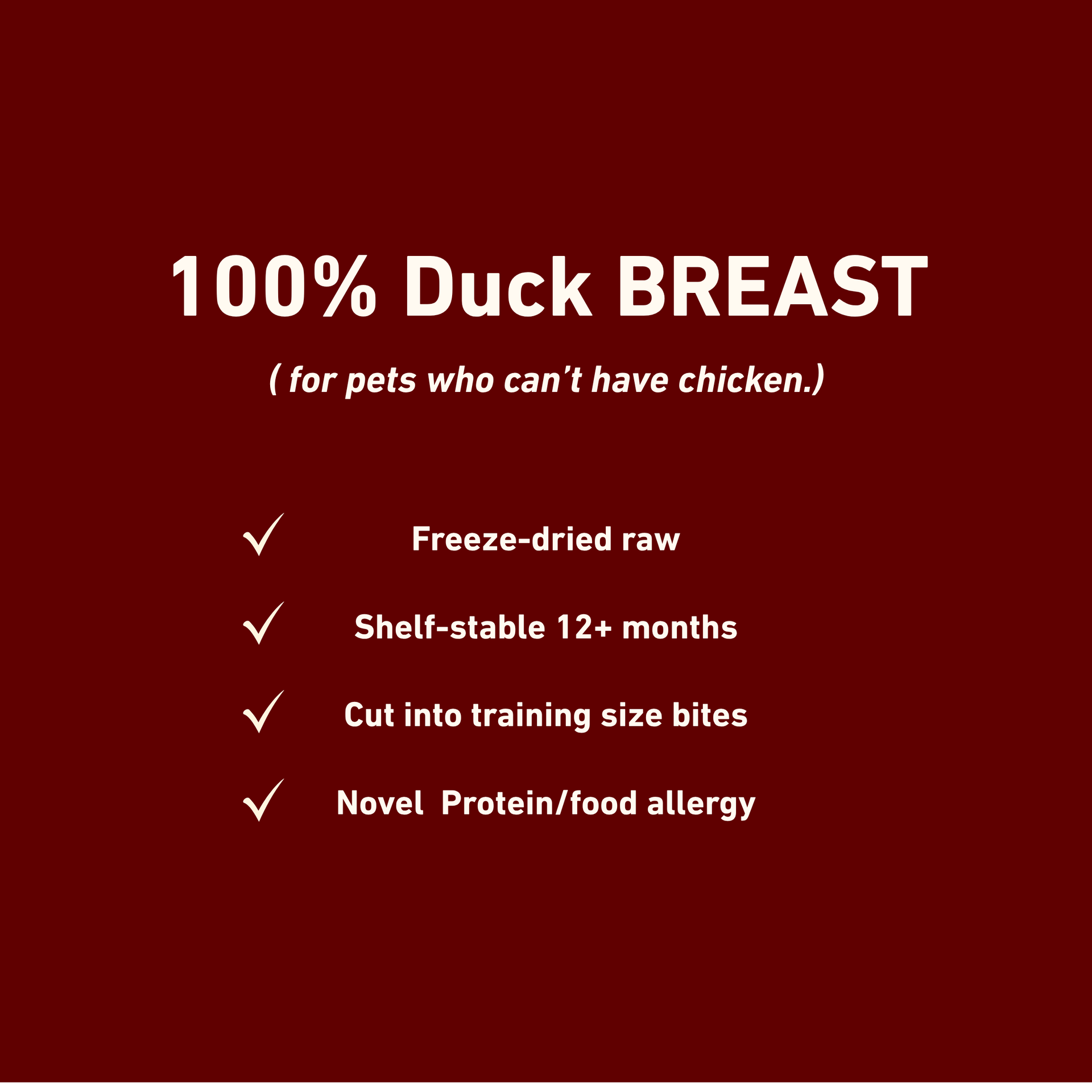 Dog Dish Max & Bella freeze-dried duck breast dog treat features list on a dark red background.