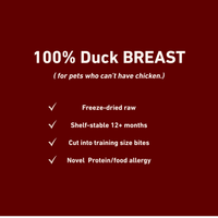 Dog Dish Max & Bella freeze-dried duck breast dog treat features list on a dark red background.